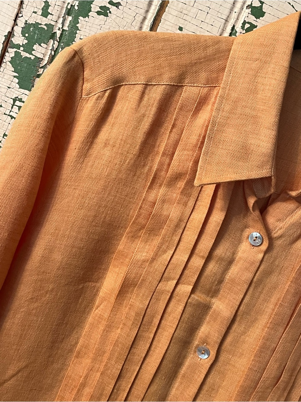 Italian Linen Dress Pintuck Long Shirt Peach Maneki-Neko Venezia Check Measure